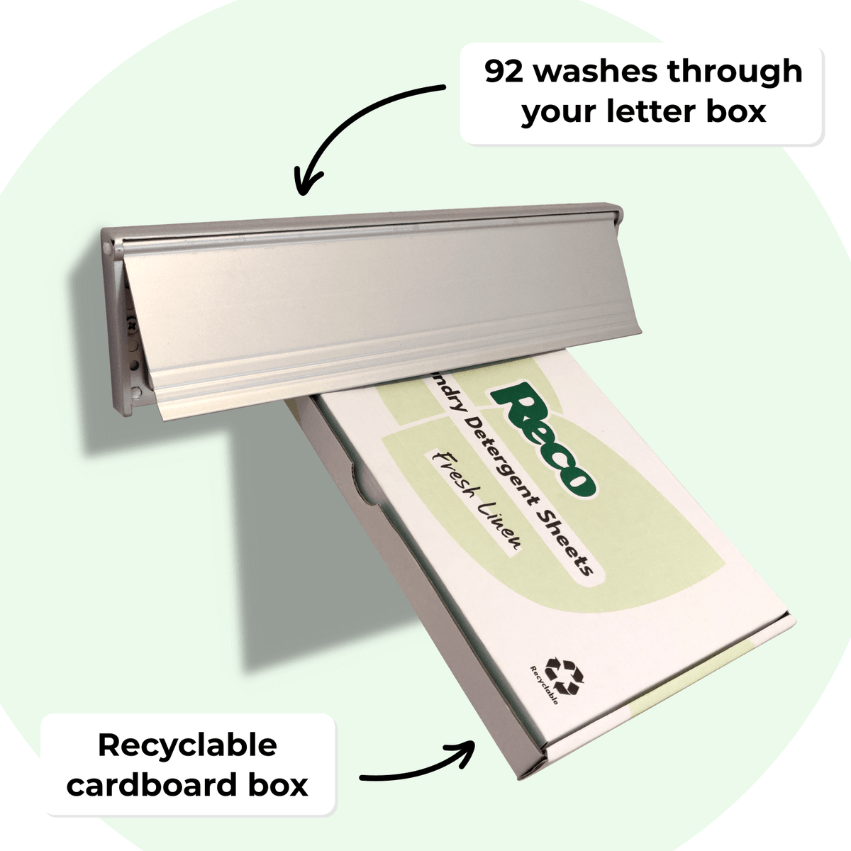 A full 92 wash pack of Reco Laundry Detergent Sheets coming through the letterbox