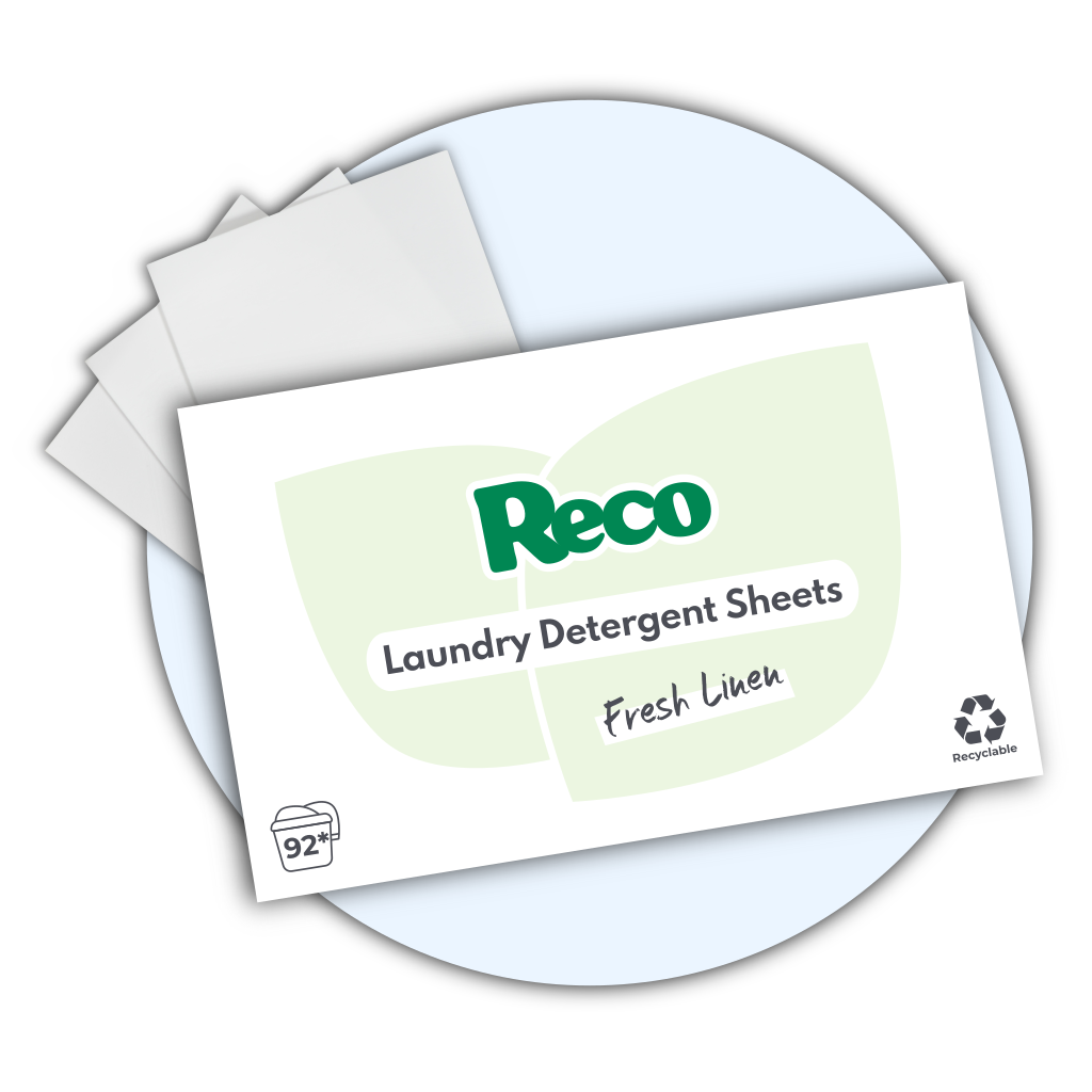 Reco Laundry Detergent Sheets on a blue circle with a white background